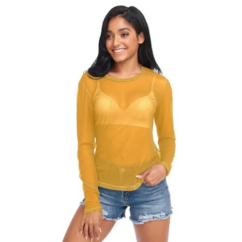 Orange Women's Long Sleeve See Through Mesh Sheer Top Blouse Shirt